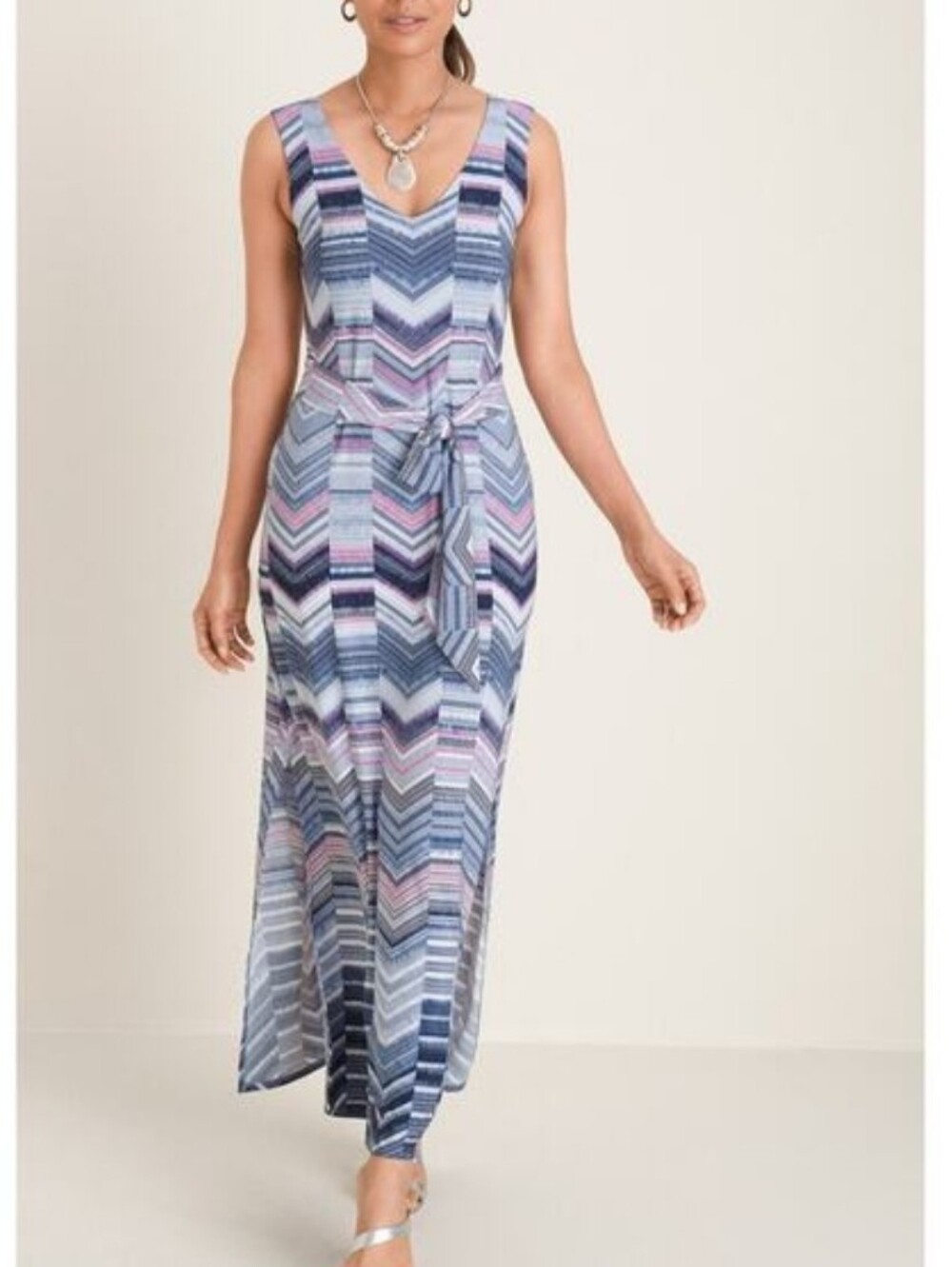 Chico's Chevron Stripe Sleeveless Maxi Dress in Blue & Pink 1